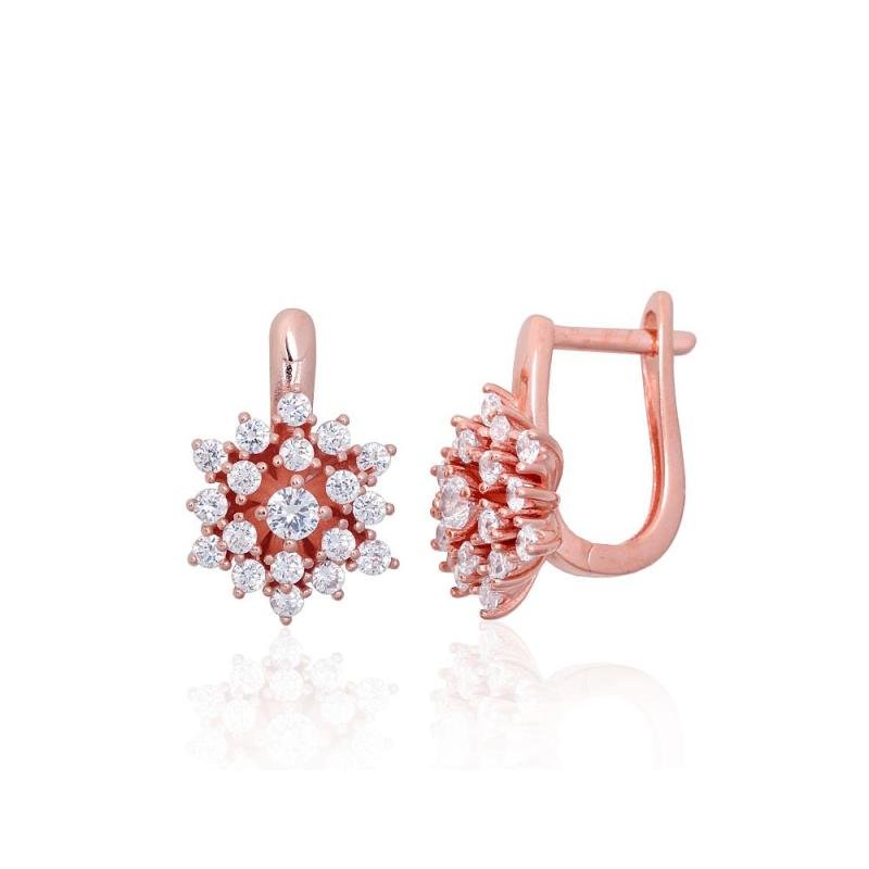 Серебряные серьги на английском замке, Серебро 925°, красное золото (покрытие), Цирконы