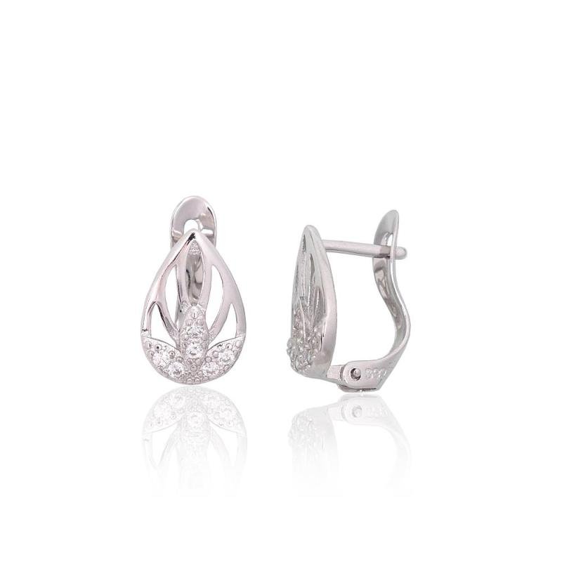 Silver earrings with 'english' lock, Silver 925°, Rhodium (Plating), Zirkons