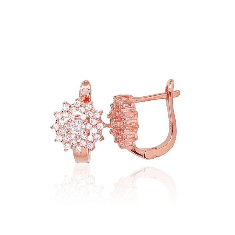 Серебряные серьги на английском замке, Серебро 925°, красное золото (покрытие), Цирконы