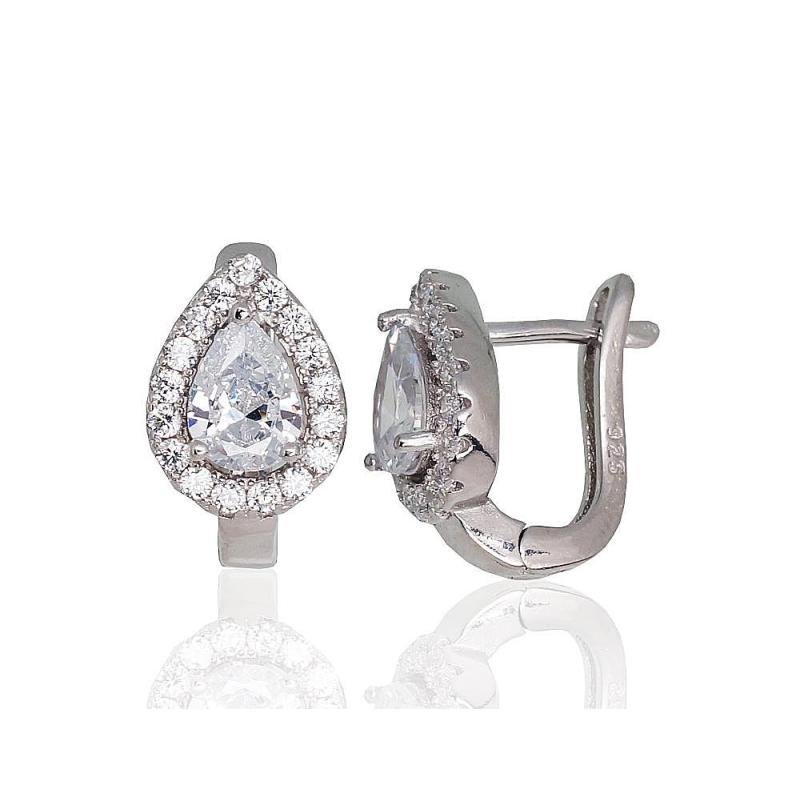 Silver earrings with 'english' lock, Silver 925°, Rhodium (Plating), Zirkons
