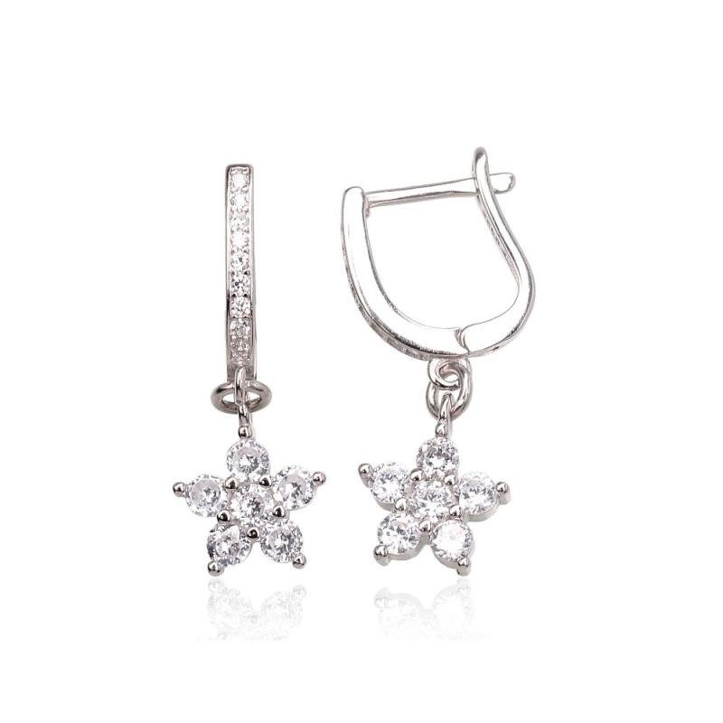 Silver earrings with 'english' lock, Silver 925°, Rhodium (Plating), Zirkons