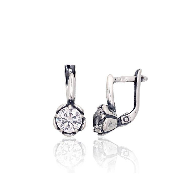 Silver earrings with 'english' lock, Silver 925°, oxide (Plating), Zirkons