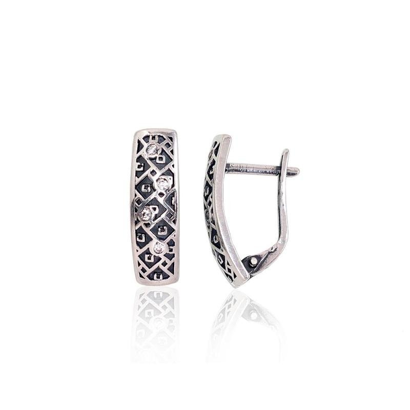 Silver earrings with 'english' lock, Silver 925°, oxide (Plating), Zirkons
