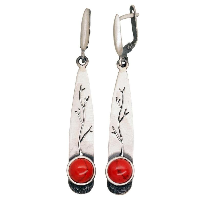 Серебряные серьги, Серебро 925°, оксид (покрытие), Коралл (Имитация)