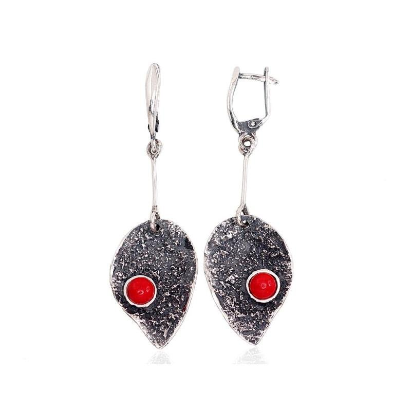 Серебряные серьги, Серебро 925°, оксид (покрытие), Коралл (Имитация)