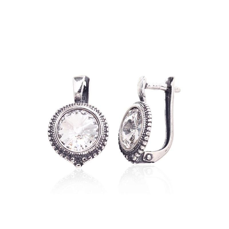 Silver earrings with 'english' lock, Silver 925°, oxide (Plating), Crystals