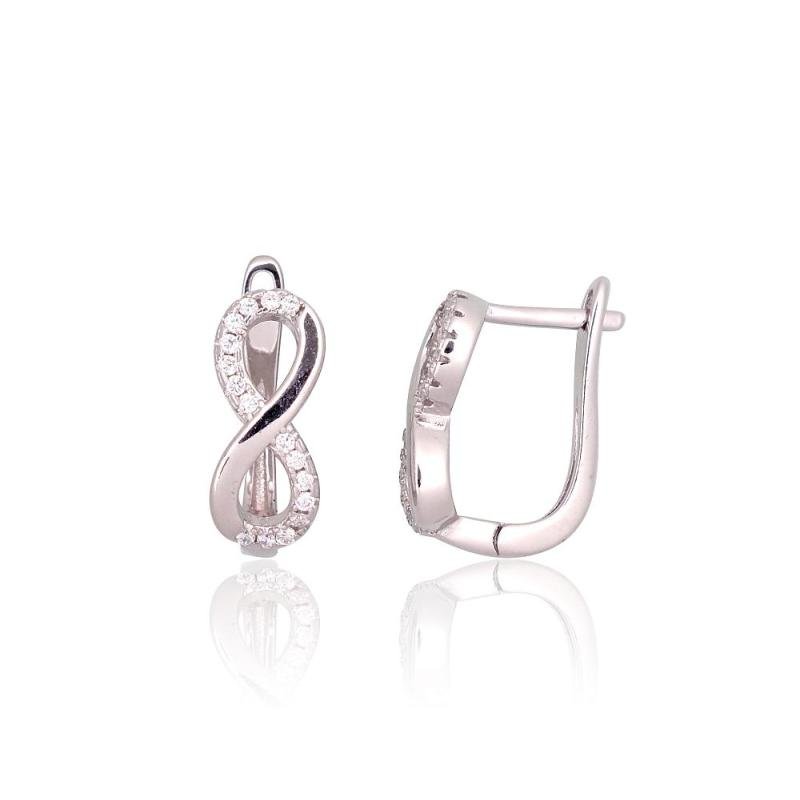 Серебряные серьги на английском замке, Серебро 925°, родий (покрытие), Цирконы