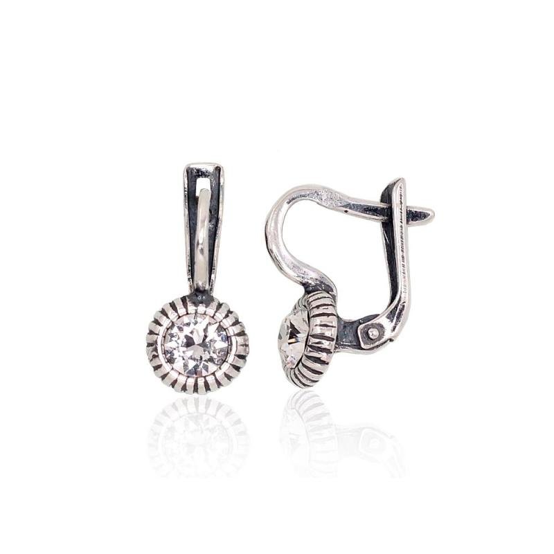 Silver earrings with 'english' lock, Silver 925°, oxide (Plating), Crystals