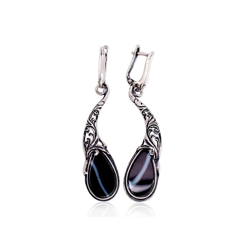 Серебряные серьги, Серебро 925°, оксид (покрытие), Агат