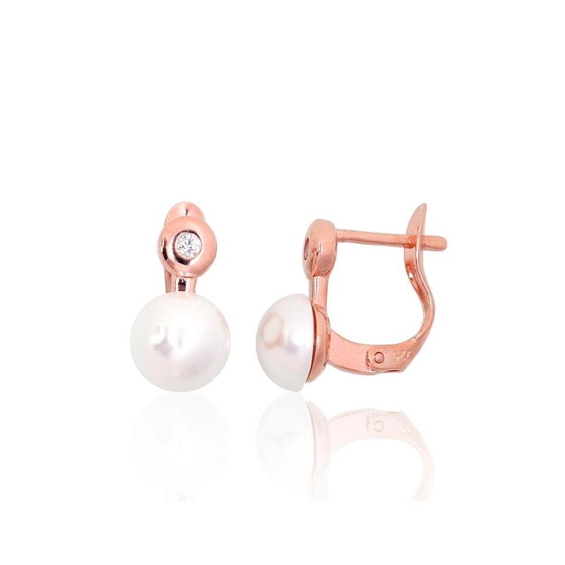 Silver earrings with 'english' lock, Silver 925°, red gold (Plating), Zirkons, Fresh-water Pearl (Imitation)