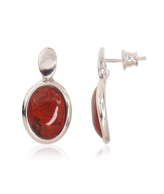 Silver stud earrings, Silver 925°, Rhodium (Plating), Jasper