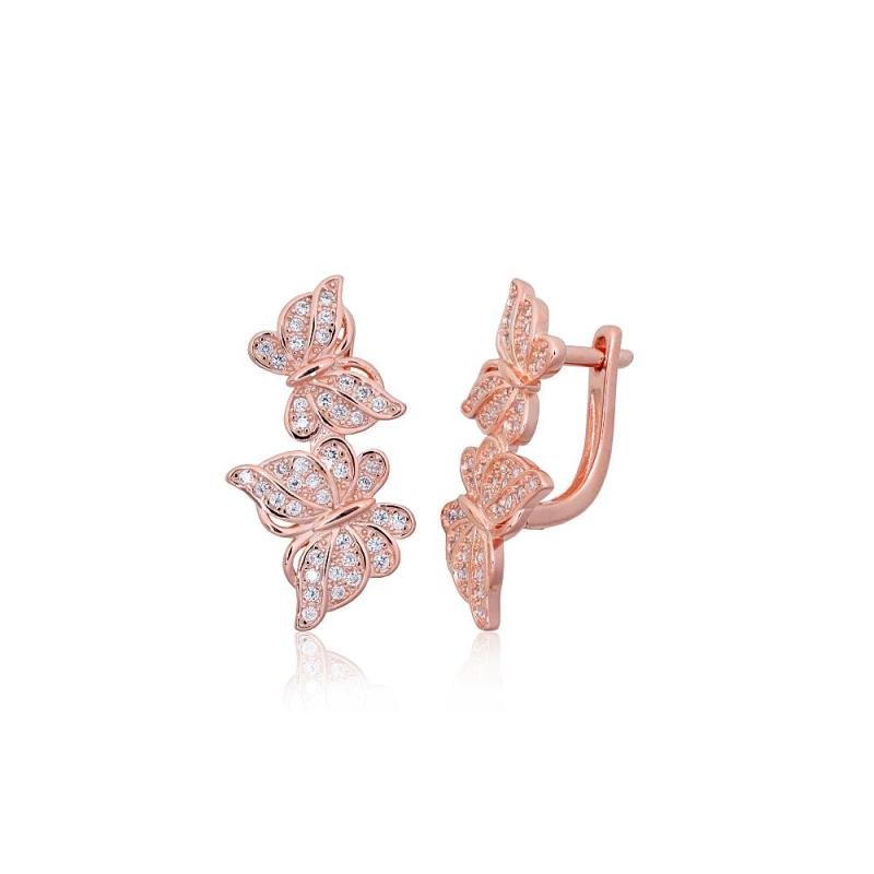 Silver earrings with 'english' lock, Silver 925°, red gold (Plating), Zirkons