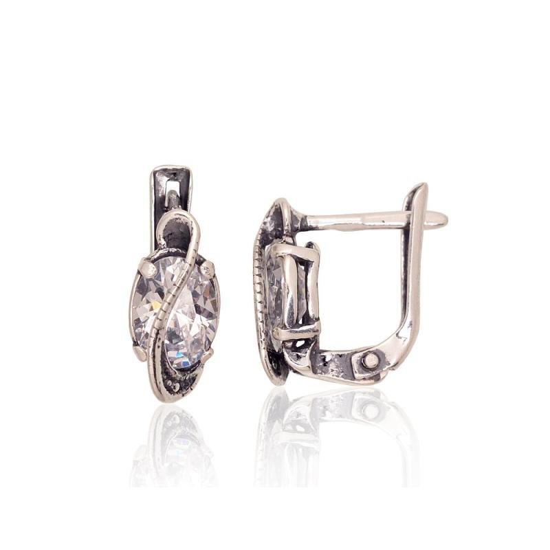 Серебряные серьги на английском замке, Серебро 925°, оксид (покрытие), Цирконы
