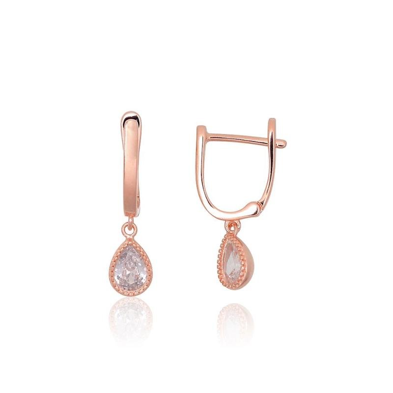 Silver earrings with 'english' lock, Silver 925°, red gold (Plating), Zirkons