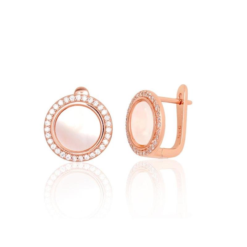 Silver earrings with 'english' lock, Silver 925°, red gold (Plating), Zirkons, Mother-of-pearl
