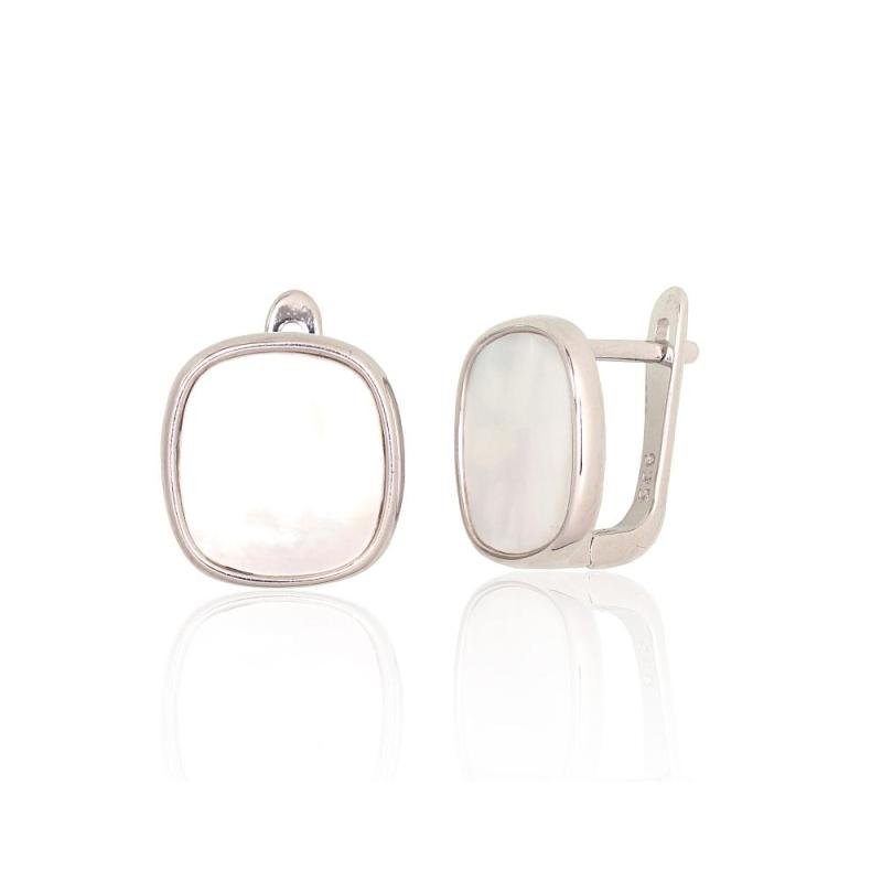 Silver earrings with 'english' lock, Silver 925°, Rhodium (Plating), Mother-of-pearl