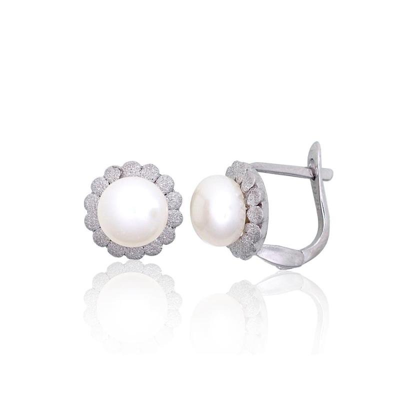 Silver earrings with 'english' lock, Silver 925°, Rhodium (Plating), Fresh-water Pearl