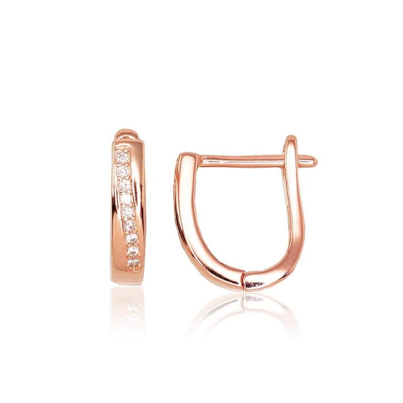 Silver earrings with 'english' lock, Silver 925°, red gold (Plating), Zirkons