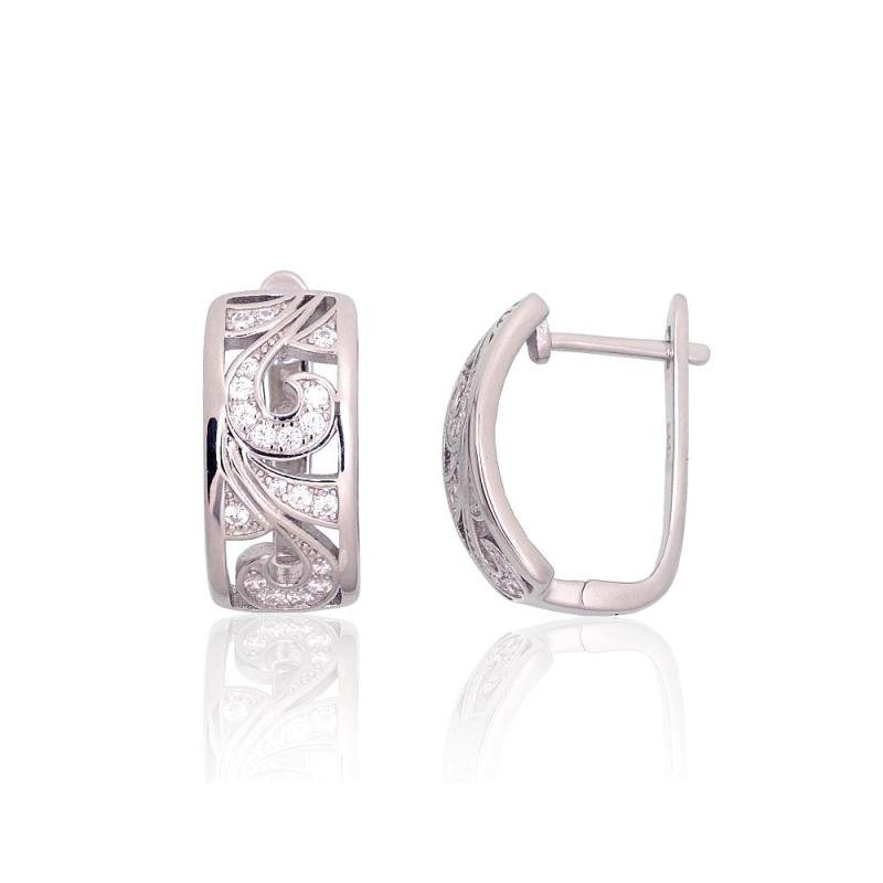 Silver earrings with 'english' lock, Silver 925°, Rhodium (Plating), Zirkons