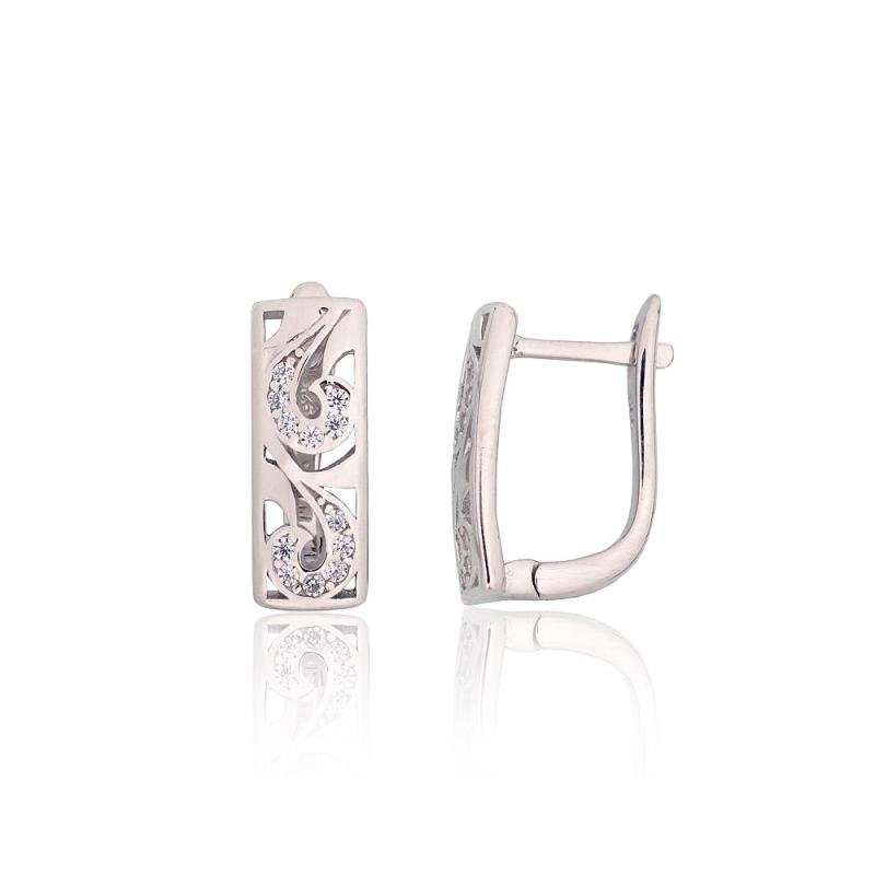 Silver earrings with 'english' lock, Silver 925°, Rhodium (Plating), Zirkons