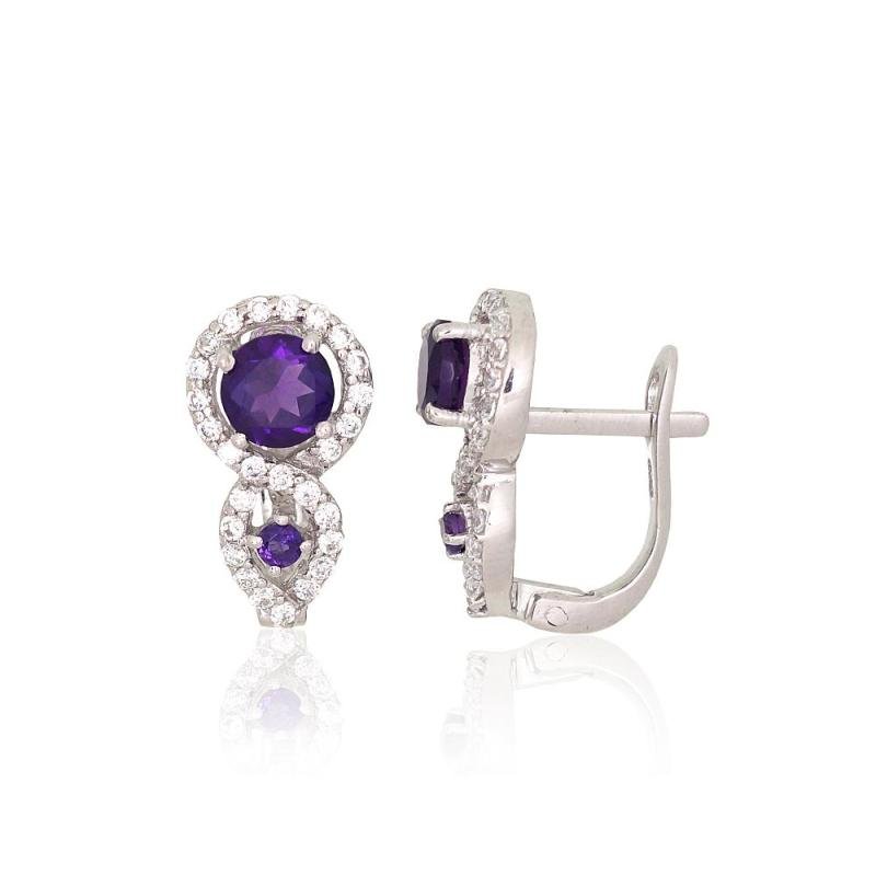 Silver earrings, Silver 925°, Rhodium (Plating), Zirkons, Amethyst