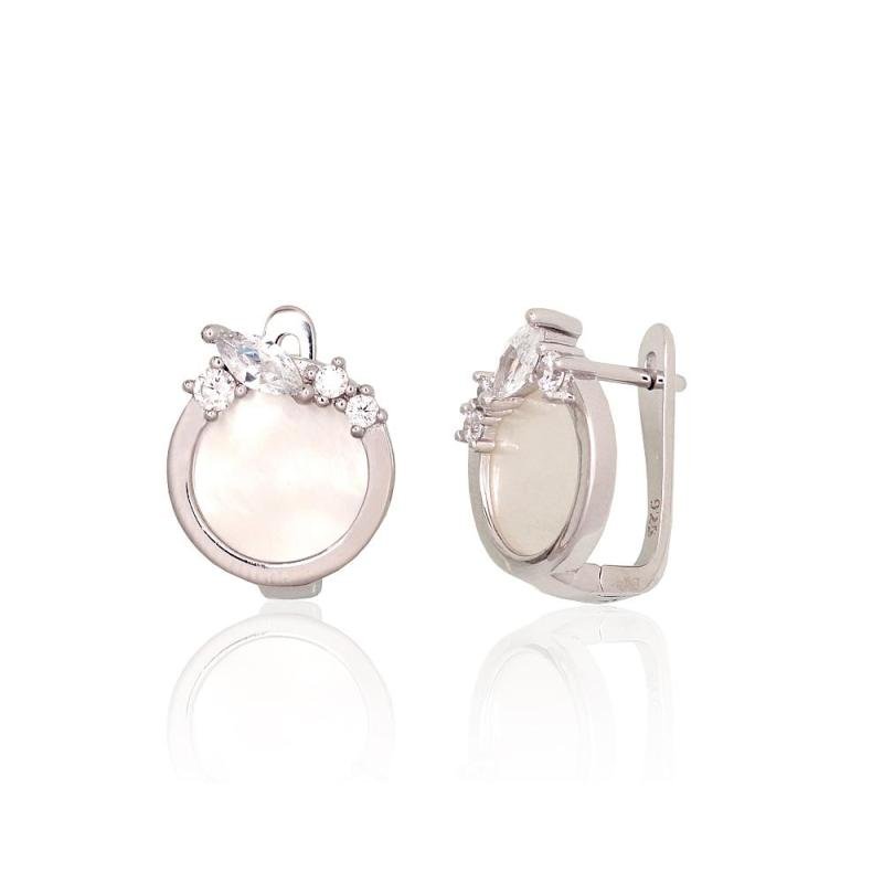 Silver earrings with 'english' lock, Silver 925°, Rhodium (Plating), Zirkons, Mother-of-pearl