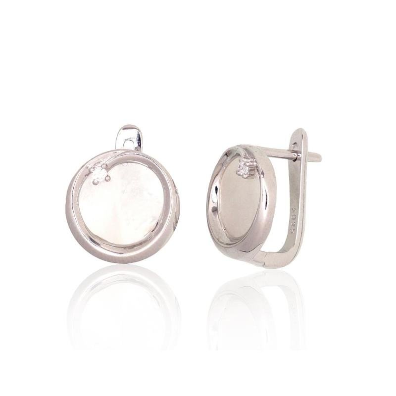Silver earrings with 'english' lock, Silver 925°, Rhodium (Plating), Zirkons, Mother-of-pearl