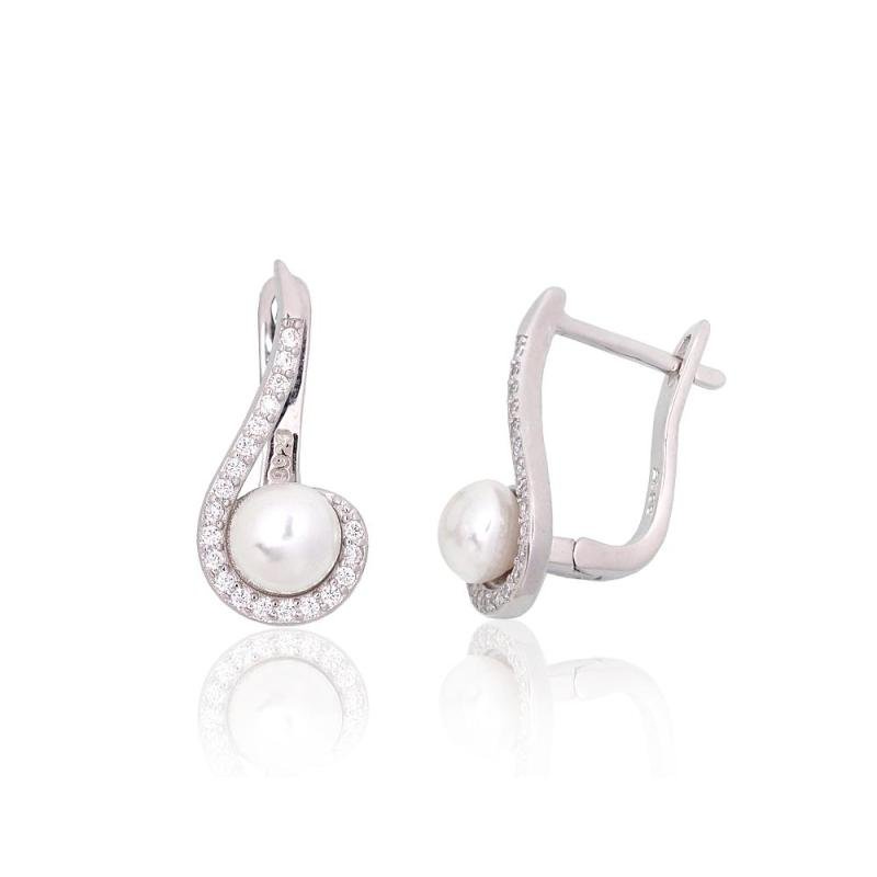 Silver earrings with 'english' lock, Silver 925°, Rhodium (Plating), Zirkons, Fresh-water Pearl