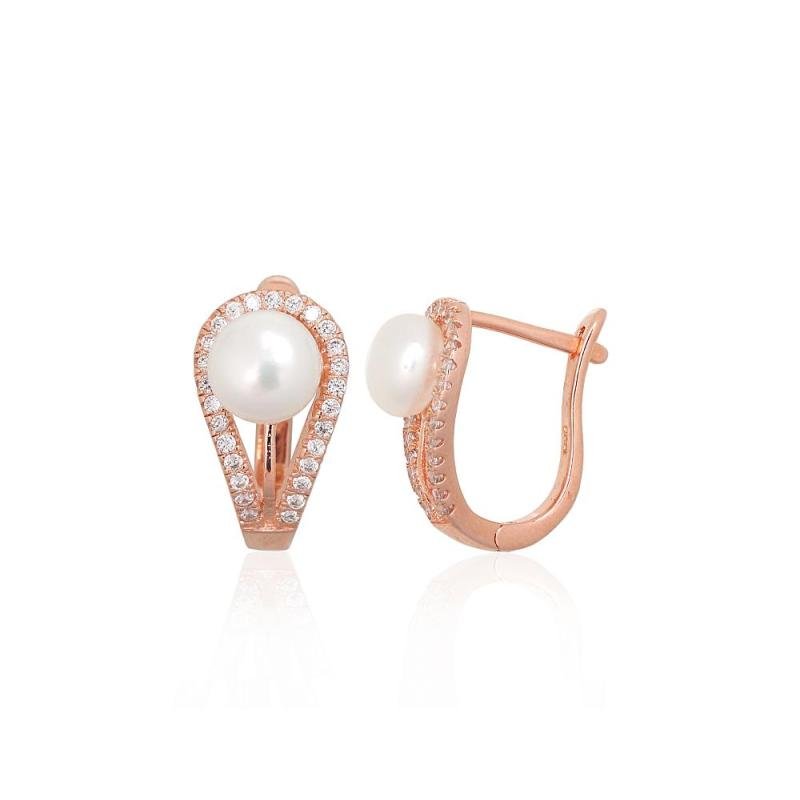 Silver earrings with 'english' lock, Silver 925°, red gold (Plating), Zirkons, Fresh-water Pearl