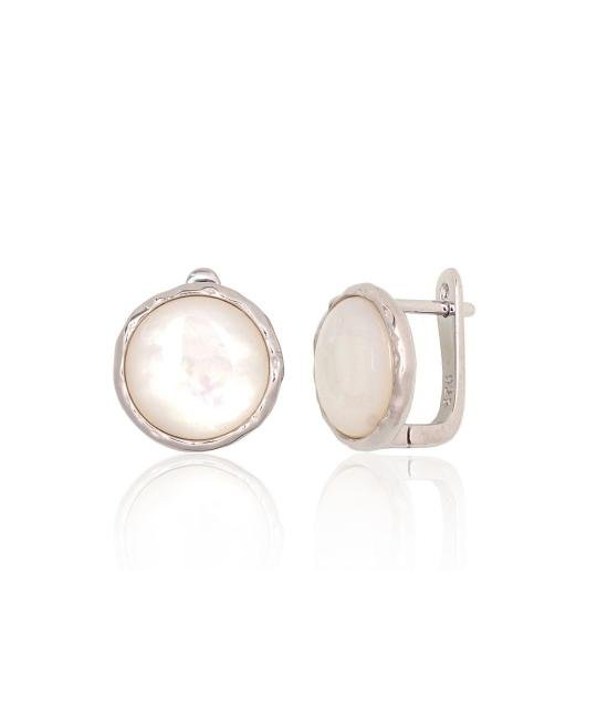 Silver earrings with 'english' lock, Silver 925°, Rhodium (Plating), Mother-of-pearl