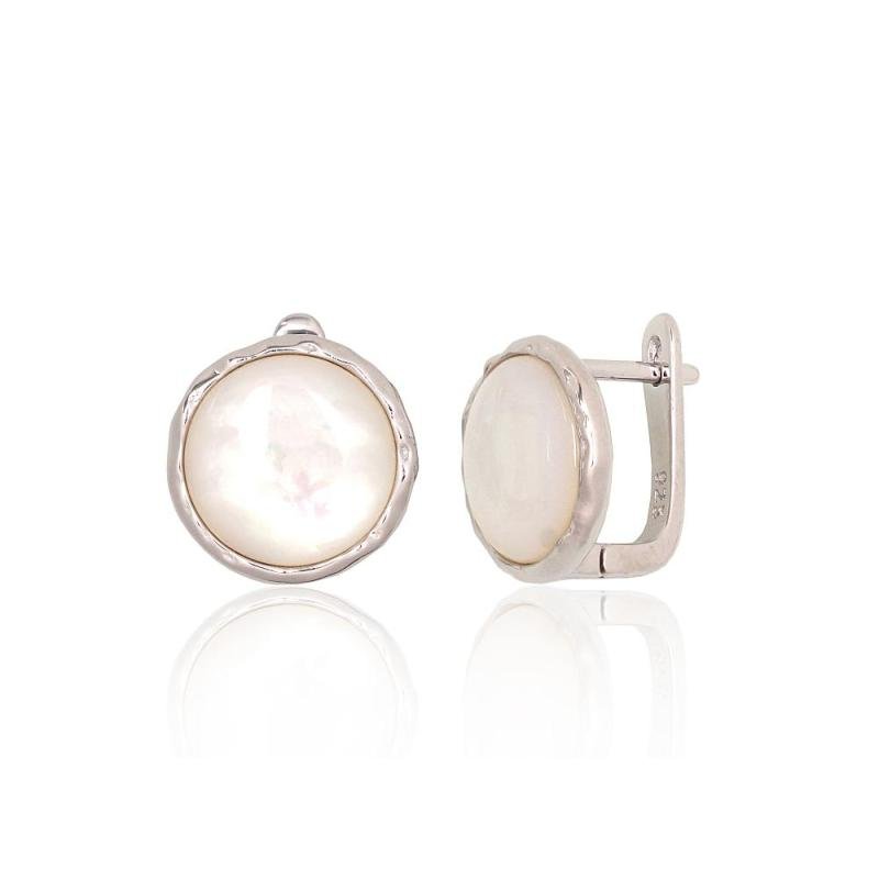 Silver earrings with 'english' lock, Silver 925°, Rhodium (Plating), Mother-of-pearl