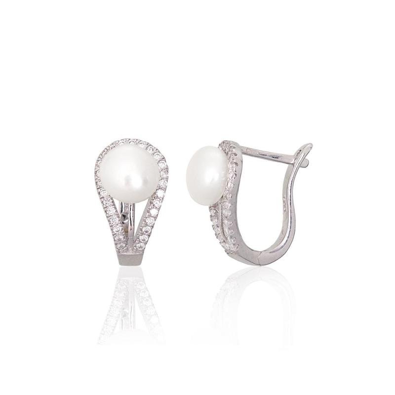 Silver earrings with 'english' lock, Silver 925°, Rhodium (Plating), Zirkons, Fresh-water Pearl