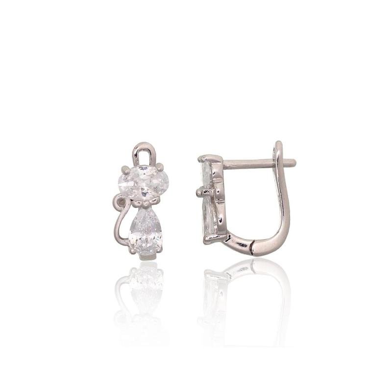 Silver earrings with 'english' lock, Silver 925°, Rhodium (Plating), Zirkons