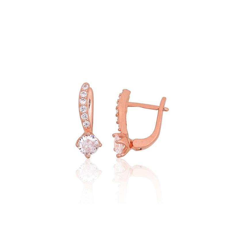 Серебряные серьги на английском замке, Серебро 925°, красное золото (покрытие), Цирконы