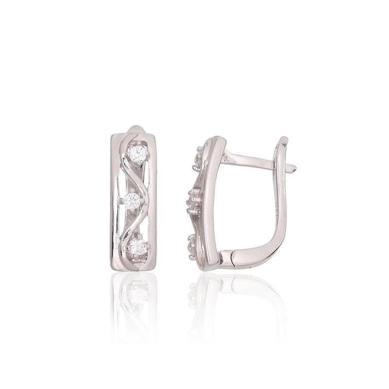 Silver earrings with 'english' lock, Silver 925°, Rhodium (Plating), Zirkons