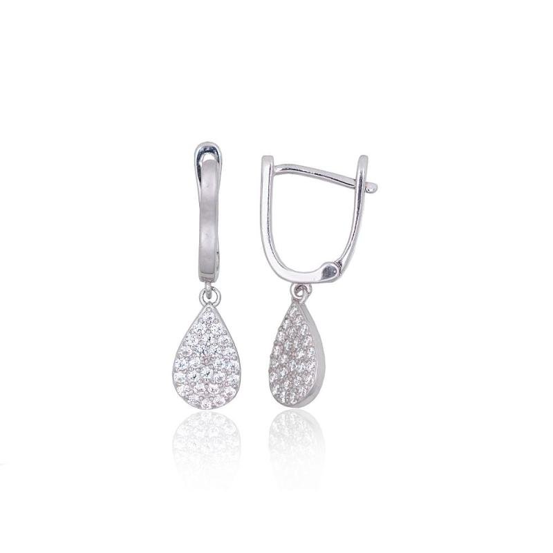 Серебряные серьги на английском замке, Серебро 925°, родий (покрытие), Цирконы