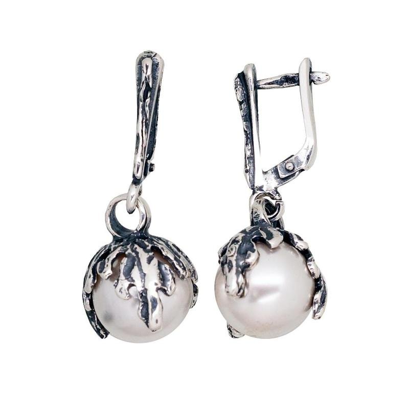 Silver earrings with 'english' lock, Silver 925°, oxide (Plating), Fresh-water Pearl (synt.)