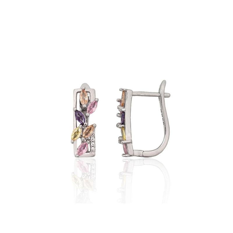 Silver earrings with 'english' lock, Silver 925°, Rhodium (Plating), Zirkons