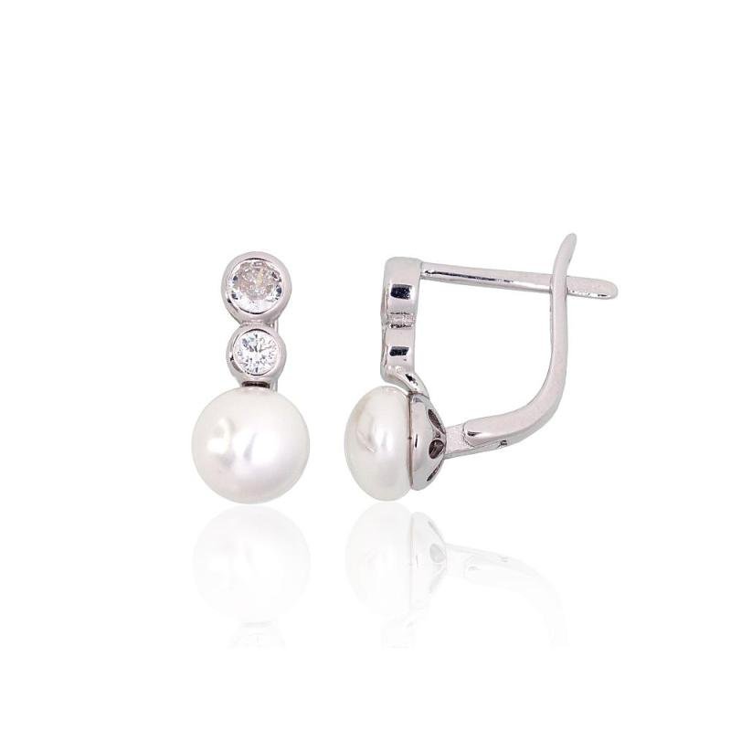 Silver earrings with 'english' lock, Silver 925°, Rhodium (Plating), Zirkons, Fresh-water Pearl