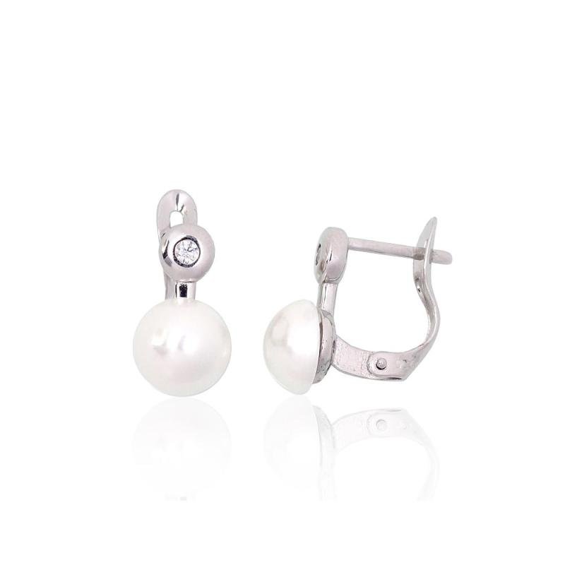 Silver earrings with 'english' lock, Silver 925°, Rhodium (Plating), Zirkons, Fresh-water Pearl (Imitation)