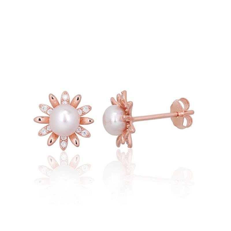 Silver stud earrings, Silver 925°, red gold (Plating), Zirkons, Fresh-water Pearl