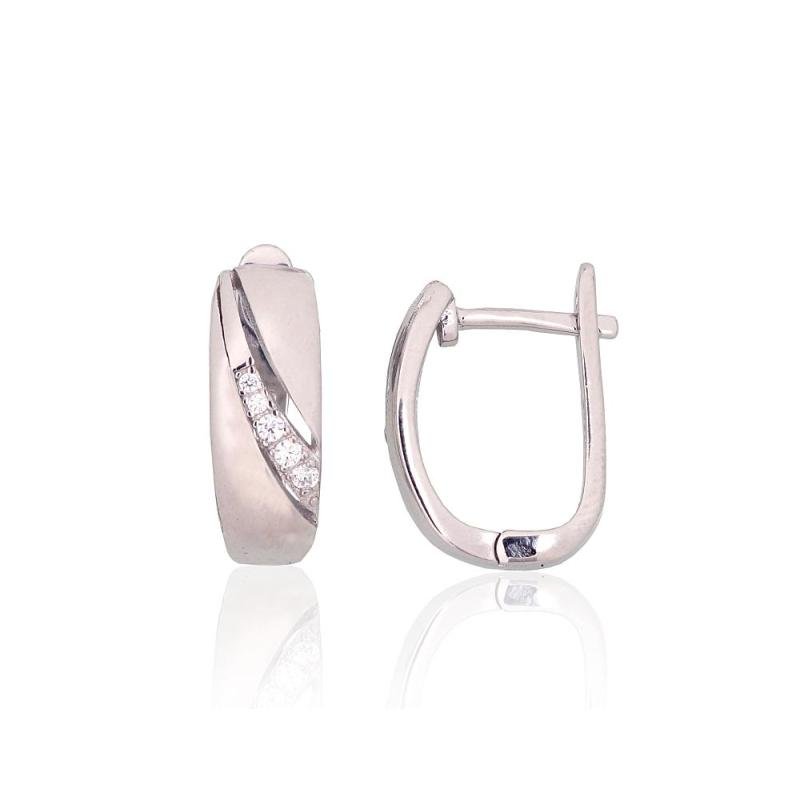 Silver earrings with 'english' lock, Silver 925°, Rhodium (Plating), Zirkons