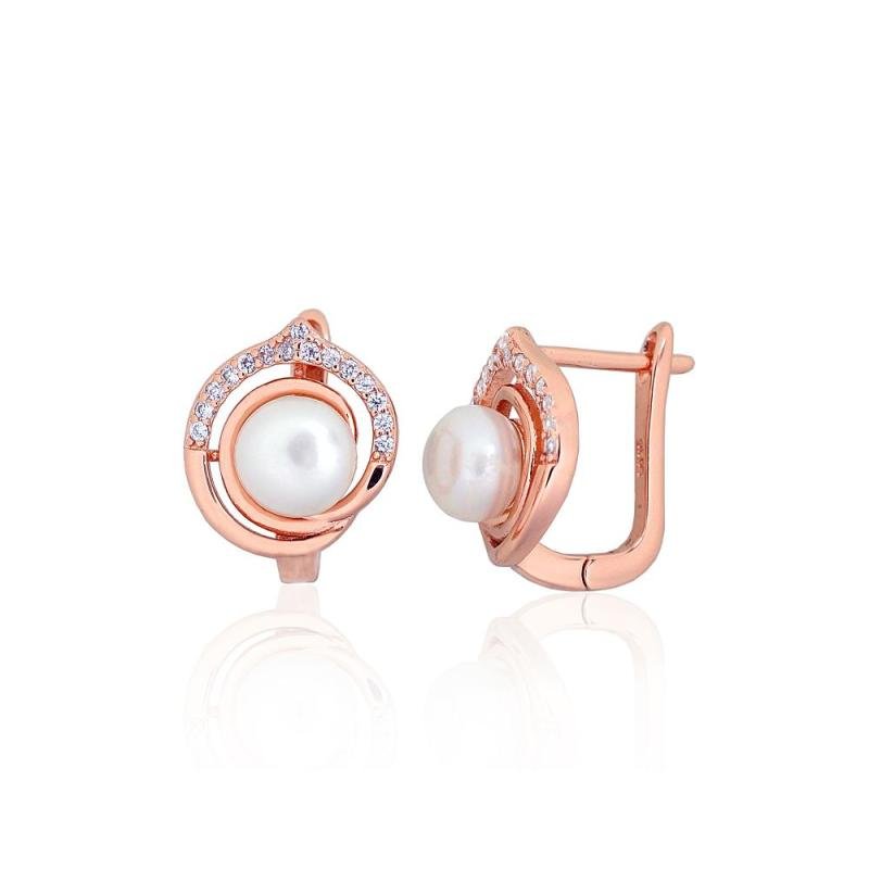 Silver earrings with 'english' lock, Silver 925°, red gold (Plating), Zirkons, Fresh-water Pearl