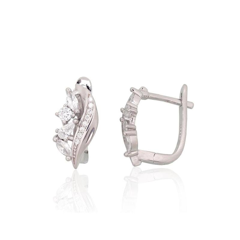 Silver earrings with 'english' lock, Silver 925°, Rhodium (Plating), Zirkons
