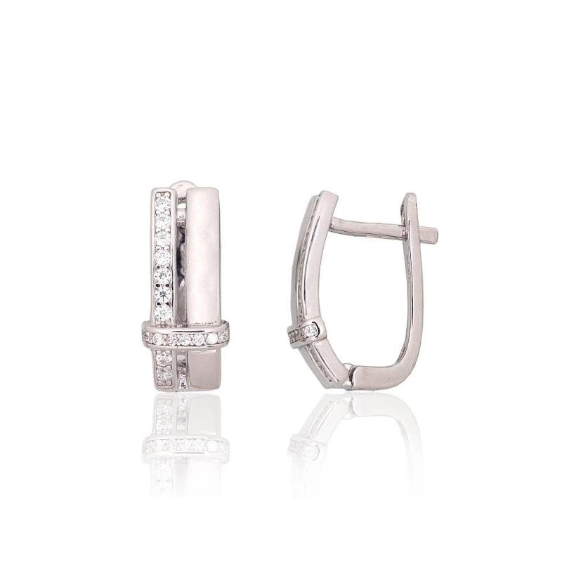 Silver earrings with 'english' lock, Silver 925°, Rhodium (Plating), Zirkons