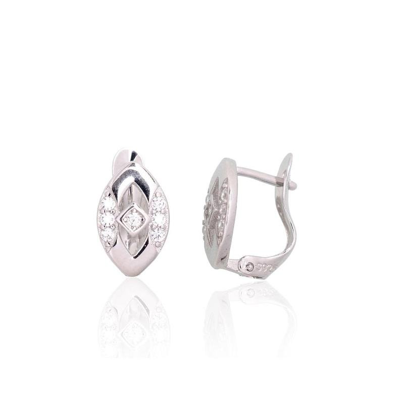 Серебряные серьги на английском замке, Серебро 925°, родий (покрытие), Цирконы
