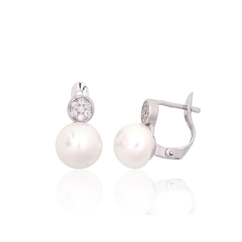 Silver earrings with 'english' lock, Silver 925°, Rhodium (Plating), Zirkons, Fresh-water Pearl