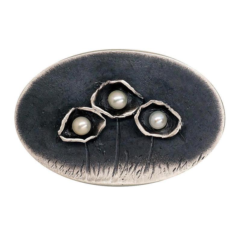 Серебряная брошь, Серебро 925°, оксид (покрытие), Жемчуг