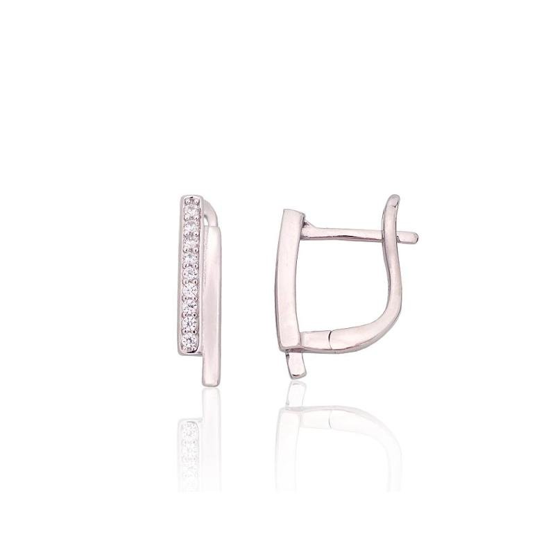 Silver earrings with 'english' lock, Silver 925°, Rhodium (Plating), Zirkons