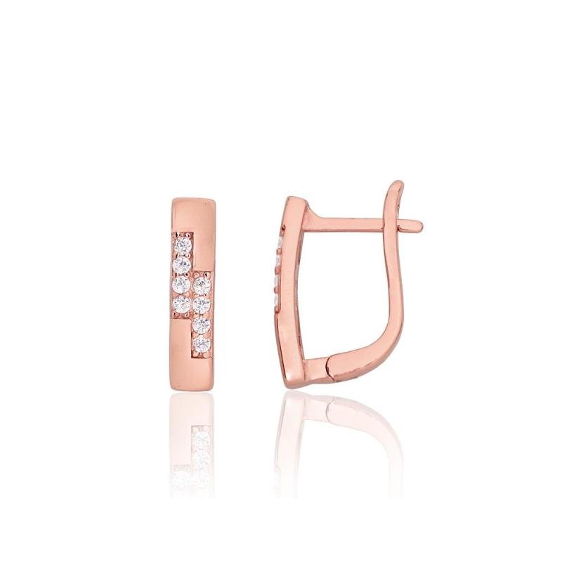 Silver earrings with 'english' lock, Silver 925°, red gold (Plating), Zirkons